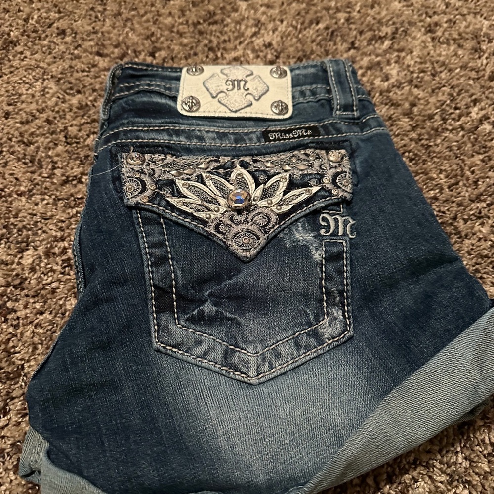Miss Me Dark Blue Jean Shorts with Silver Embellishments